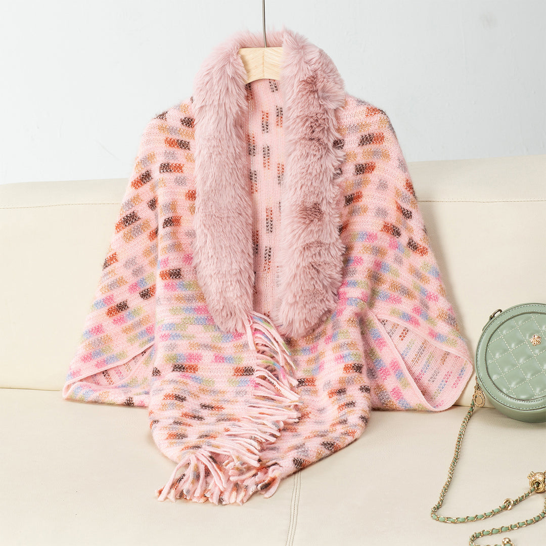 Women's elegant poncho with luxurious faux fur collar and fringes Lune London