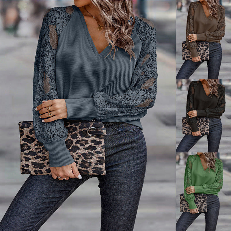 Ladies Elegant lace sleeve top with V neck Lune London