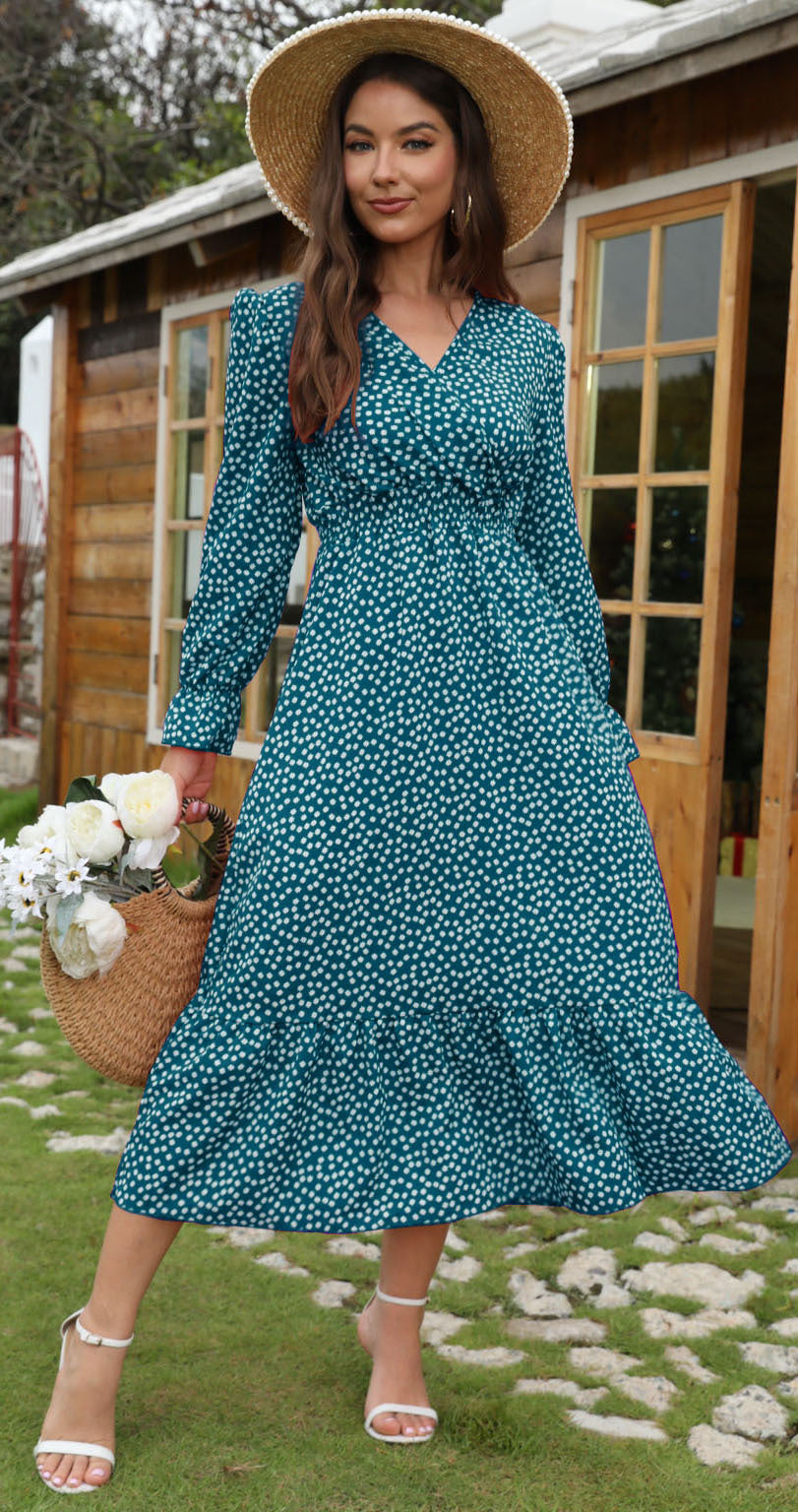 Midi dress women's with floral dots and a flared skirt Lune London