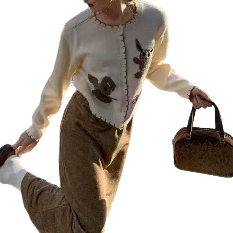 Ladies playful knitted gilet with animal pattern and button details Lune London