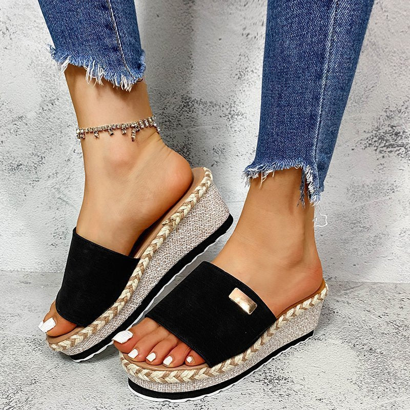 Platform sandals for women with woven rattan detail and comfortable sole Lune London