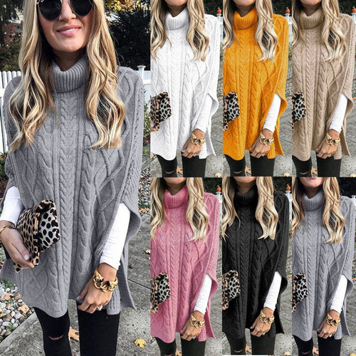 Women's Chunky Knit Poncho with High Collar and Cable Design Lune London