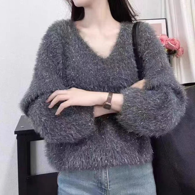 Pull V-neck pour femmes en tricot douillet avec fil à paillettes Chic & Stil