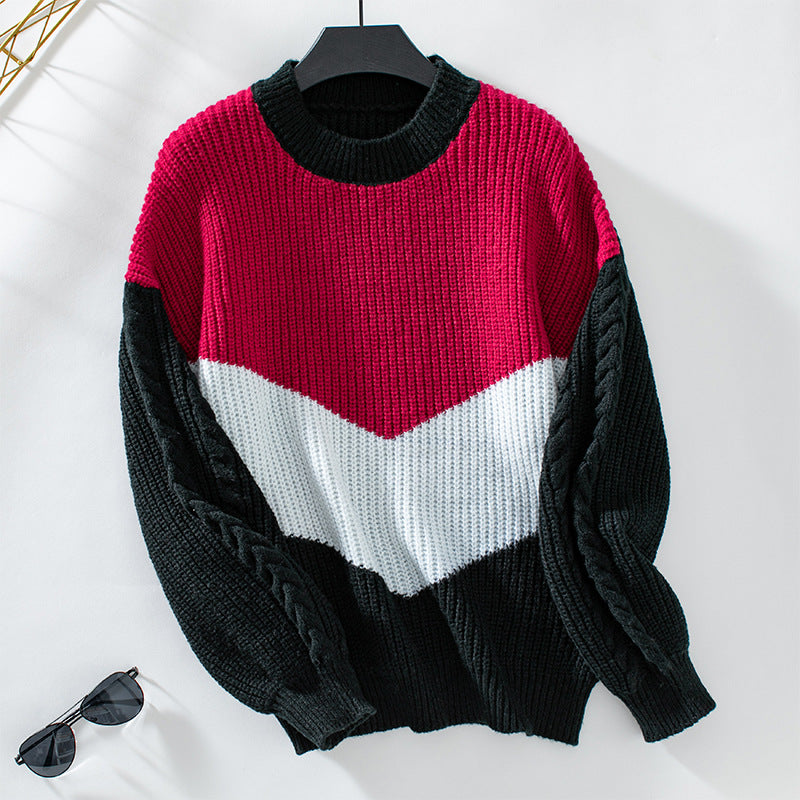 Trendy knitted sweater for women with refined twisted pattern sleeves and contrasting colors Lune London