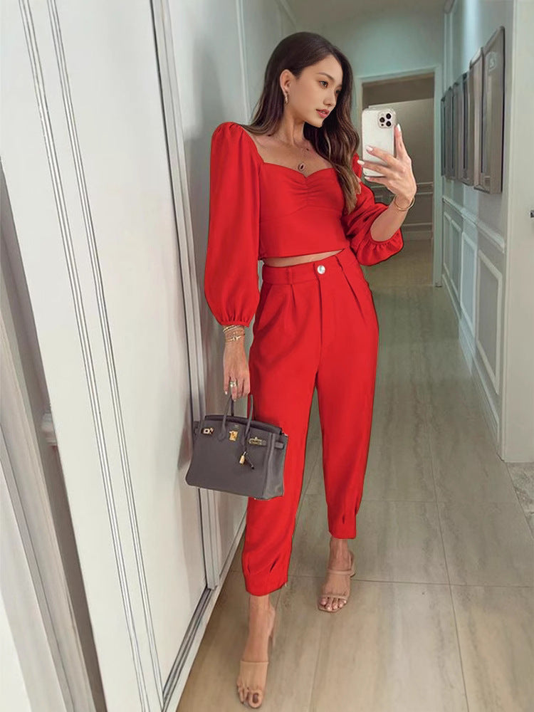 Women Elegant High-End with Balloon Sleeves and High-Waisted Pants Lune London