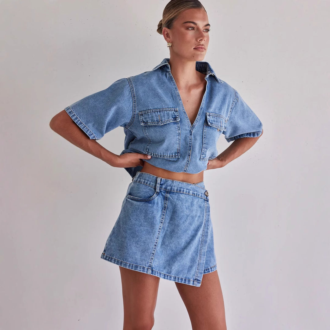 Women Denim Short Jacket with Matching Skirt in Casual Style Lune London