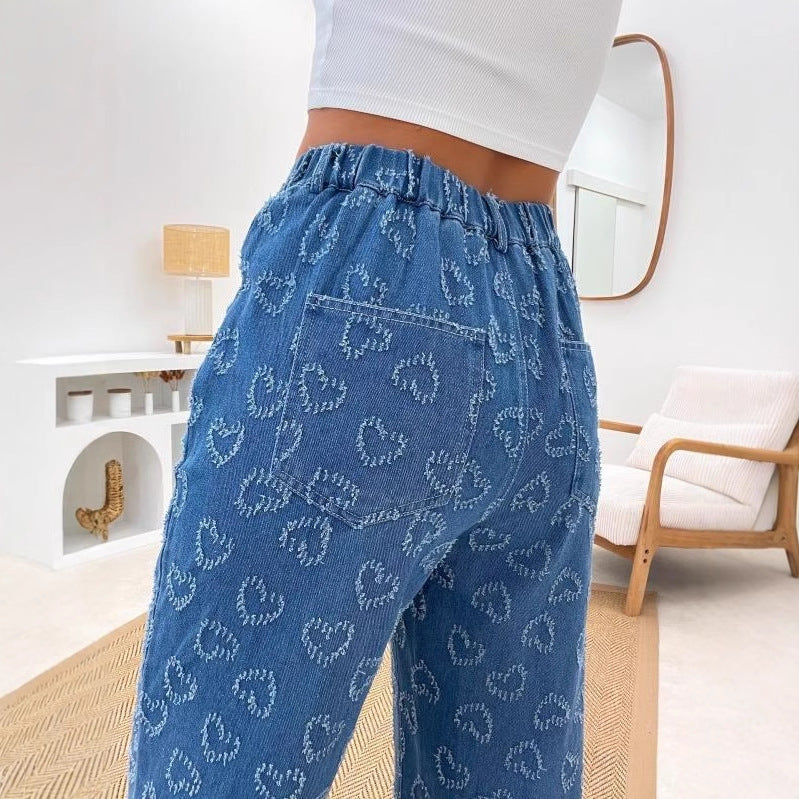 Ladies High-Waist Jeans with unique heart pattern and comfortable fit