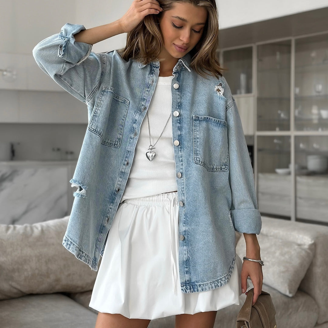 Women's denim jacket with a relaxed oversized fit and distressed details Lune London