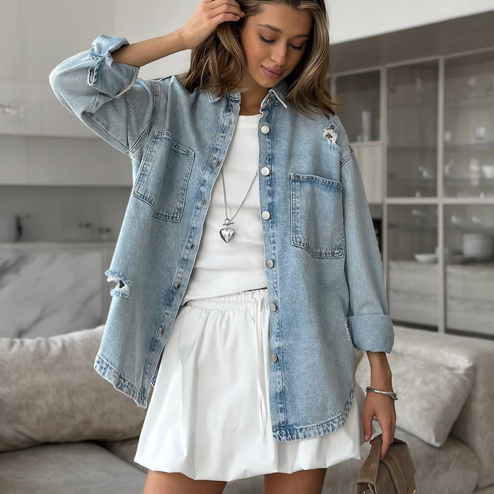 Women's denim jacket with a relaxed oversized fit and distressed details Lune London