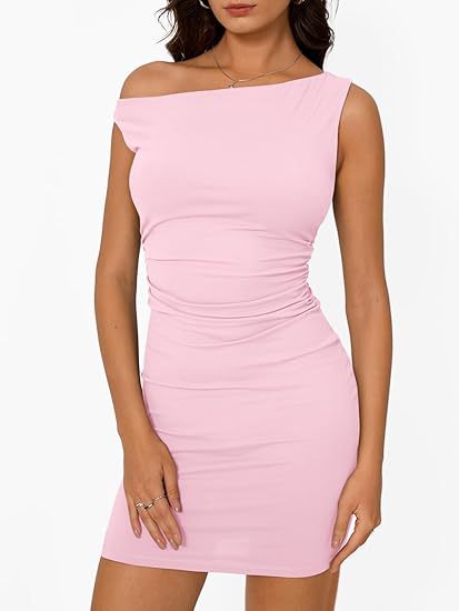 Fitted dress for women with asymmetric neckline and ruching Lune London