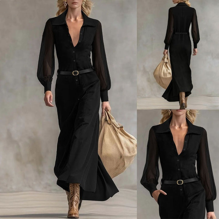 Women's maxi dress with transparent sleeves and waist belt Lune London