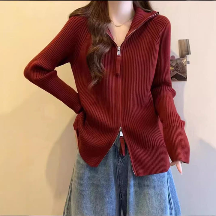 Knitted jacket for women with high collar and zipper Lune London