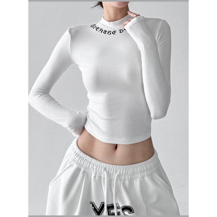 Women's fitted long sleeve shirt with high collar and stylish lettering Chic & Stil