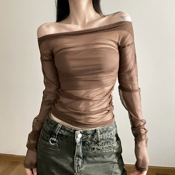 Ladies Elegant Long Sleeve Top with Transparent Mesh and Ruching Lune London