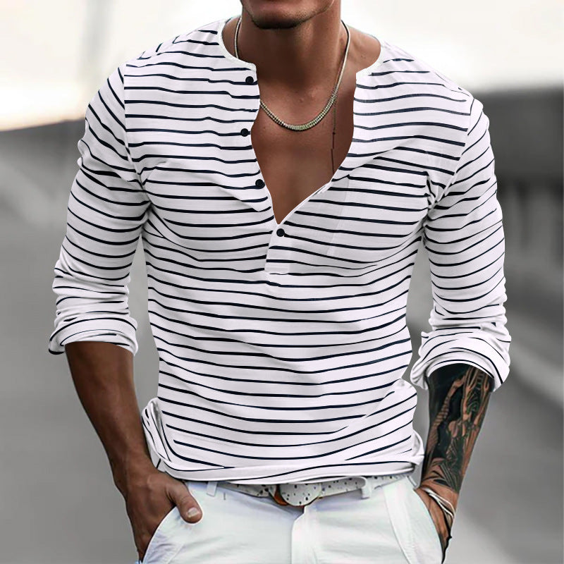 Men's casual long sleeve t-shirt with Henley neckline and striped pattern Lune London
