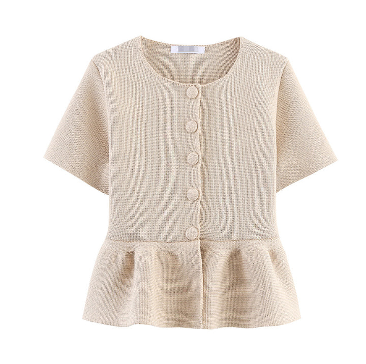 Short-sleeve floral blouse for women with flared ruffle Lune London