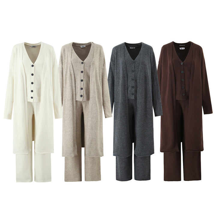 Ladies elegant knitted outfit with long cardigan, button placket and wide trousers Lune London