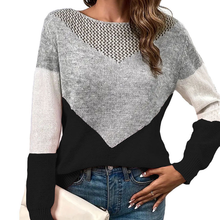 Ladies modern knit pullover with contrasting color blocks and V neck