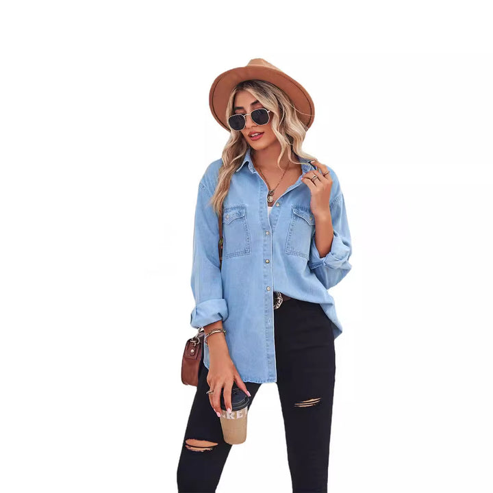 Casual women's denim jacket with patch pockets and Lune London button details