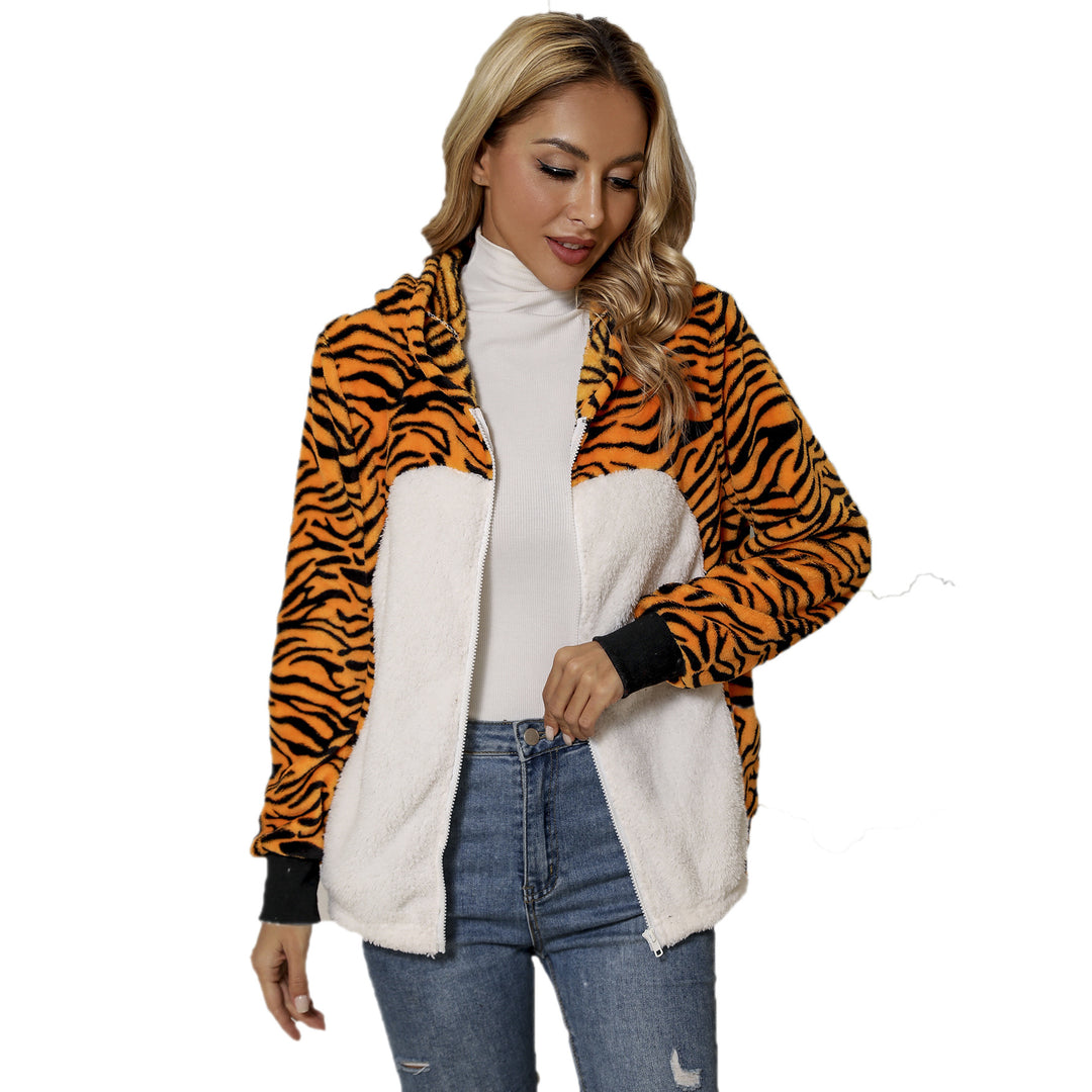 Women's plush coat with tiger design, high collar and side pockets