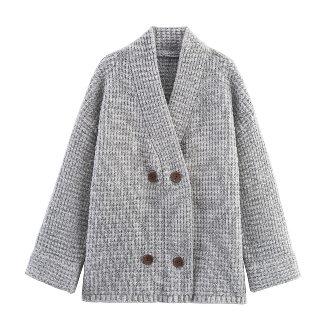 Knitted jacket for women with double-breasted and high collar Lune London