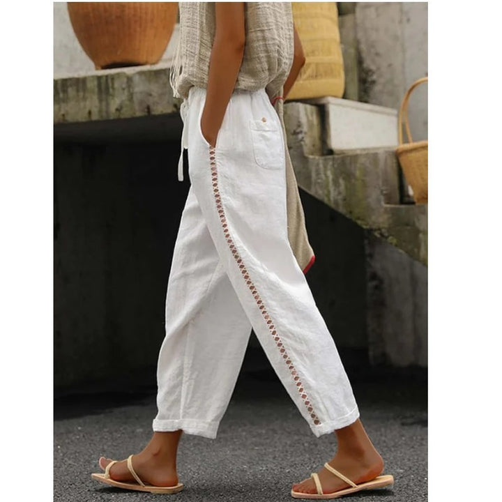 Ladies Lightweight Linen Pants with Side Button Detail Lune London