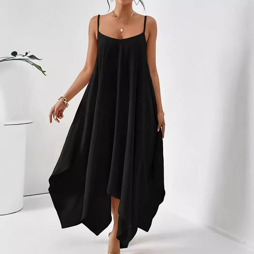 Aerial maxi dress for women with asymmetrical hem and thin spaghetti straps Lune London