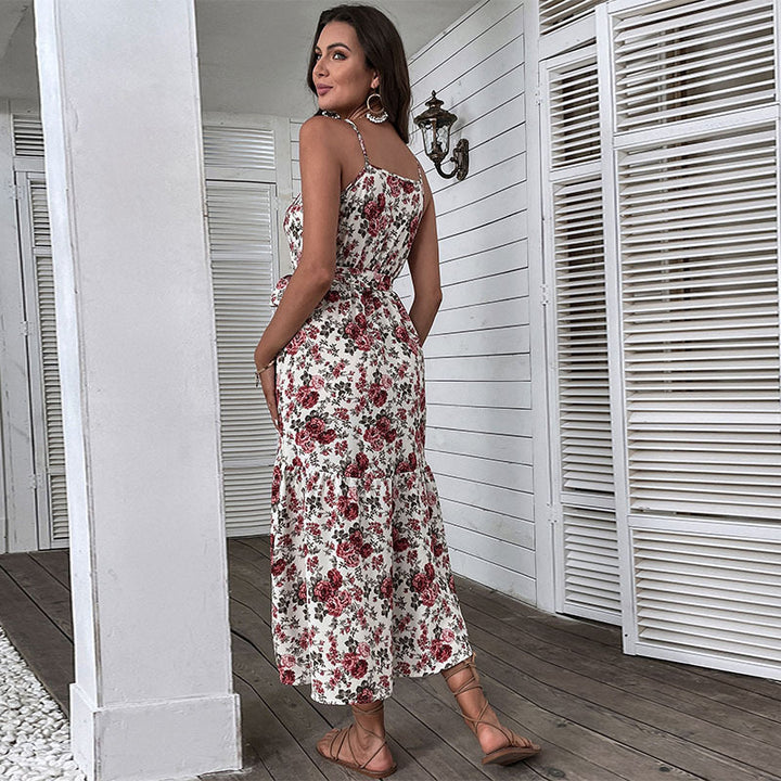 Midi dress with floral print for ladies with adjustable tie belt Lune London