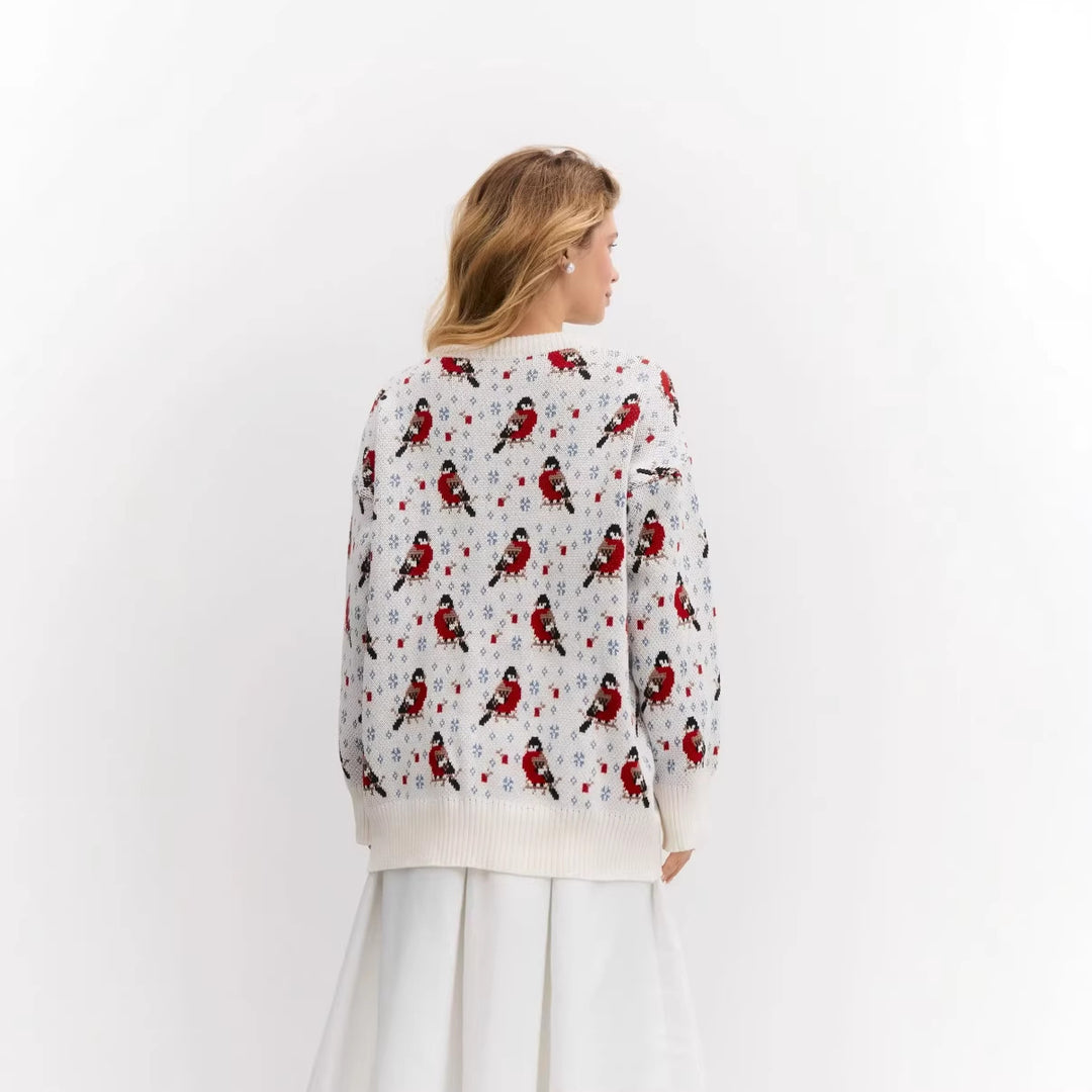 Dames Pull Confortable avec Motif Festif de Petits Oiseaux Chic & Stil