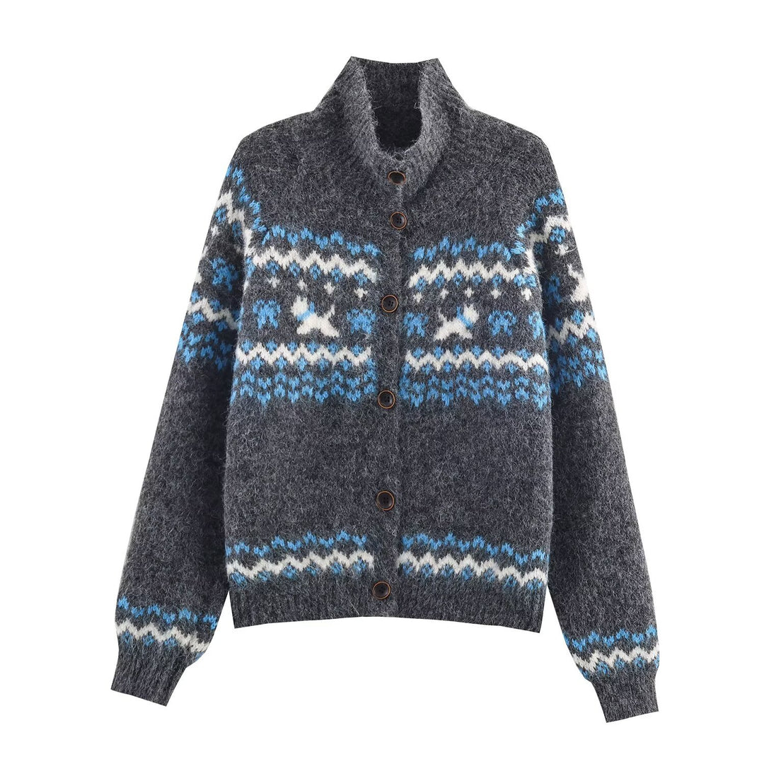 Knitted jacket for women with Norwegian pattern and high collar Lune London