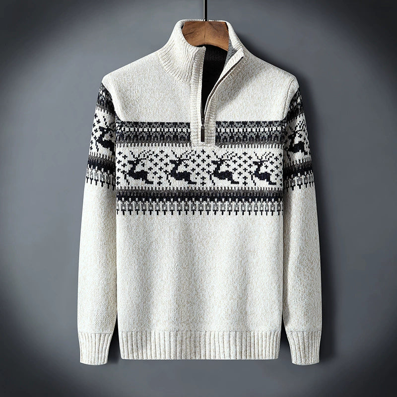 Lune London | Winter sweater for men - warm knitted sweater with half-zip and Scandinavian reindeer pattern