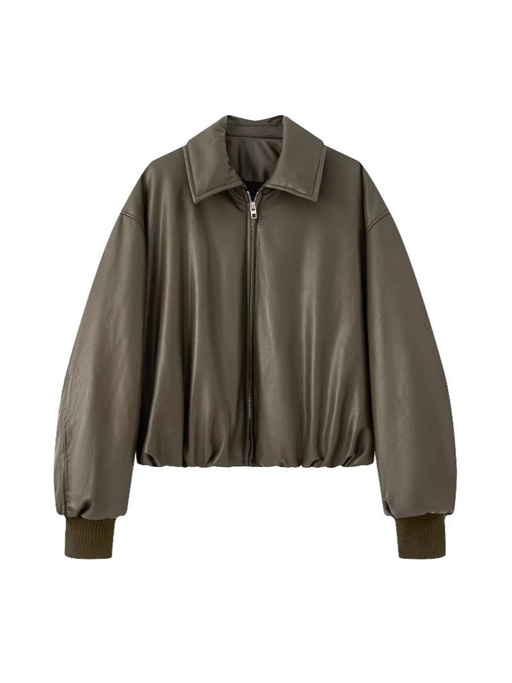Fashionable faux leather jacket for women with elastic waist and high collar Lune London