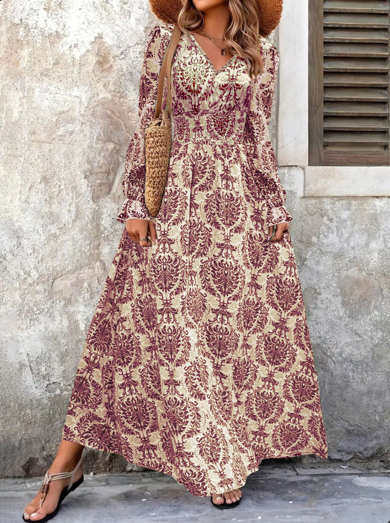 Long maxi dress for women with floral Jacquard pattern and voluminous sleeves Lune London