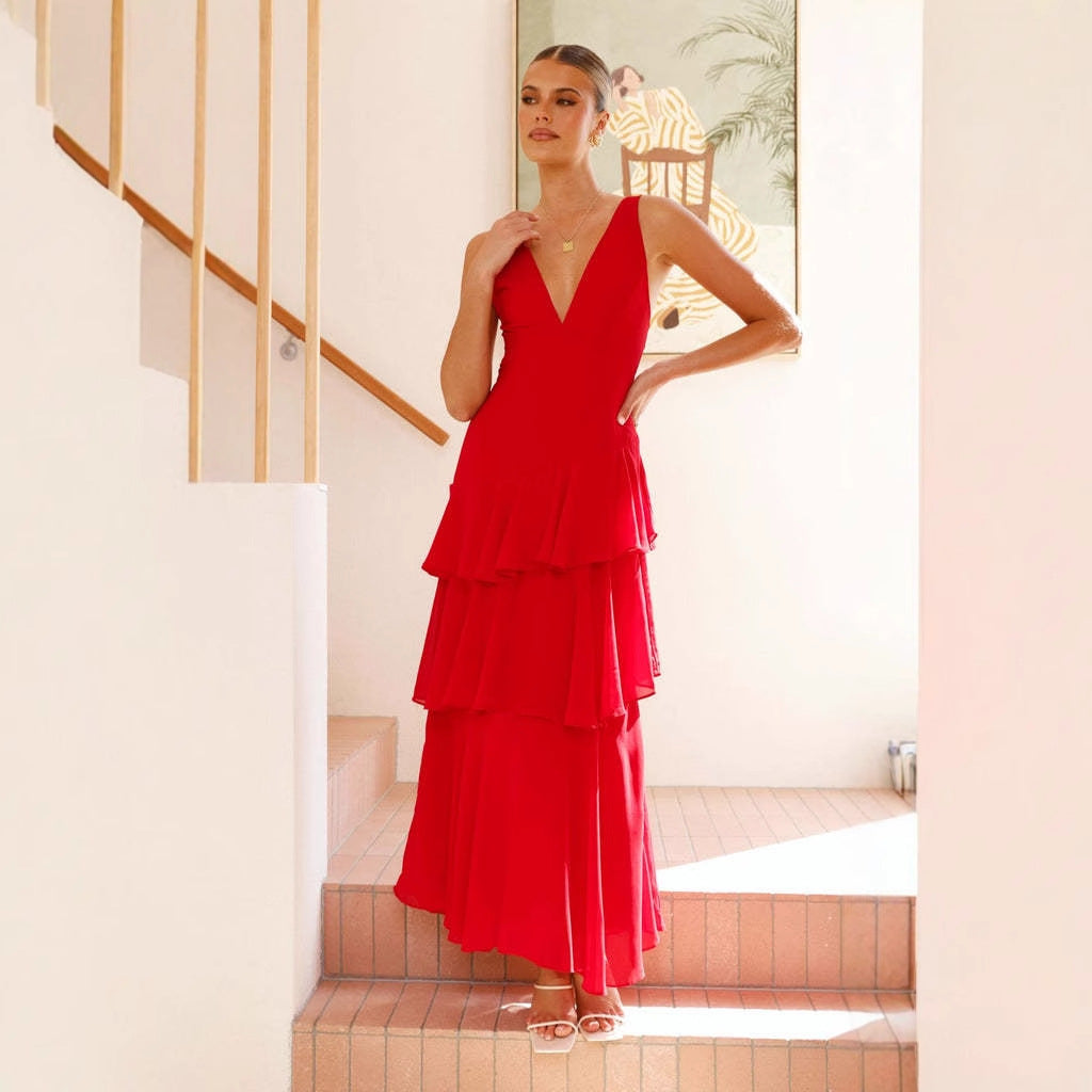 Maxi dress for women with asymmetrical ruffles and elegant V neck Chic & Stil