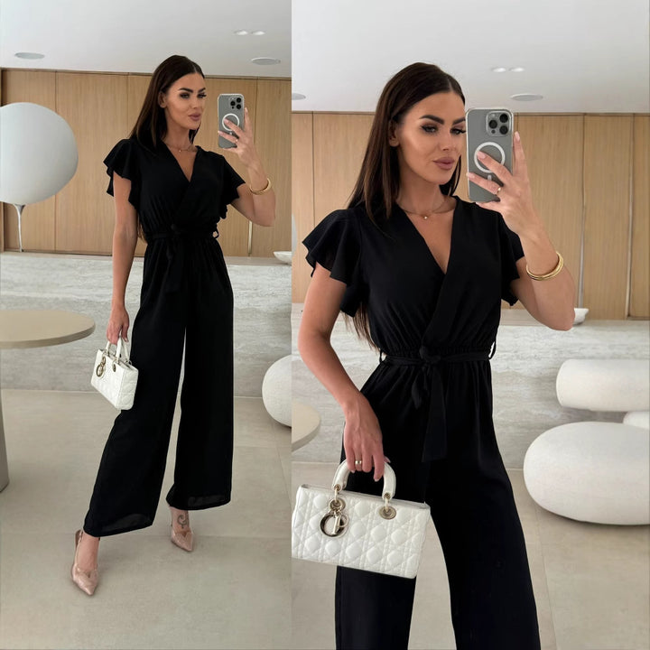 Ladies chic and stylish jumpsuit with flowing ruffles