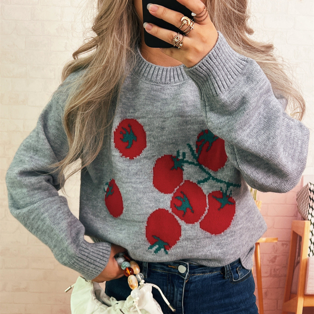 Pull en tricot pour femmes avec un motif de tomate ludique et une coupe décontractée Chic & Stil