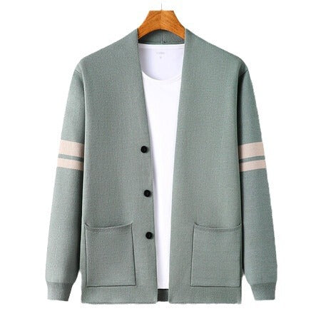 Fashion knitted cardigan for men with low collar and decorative stripes Lune London