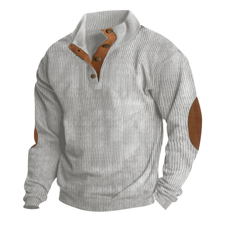 Trendy knitted sweater for men with button placket and leather applications Lune London