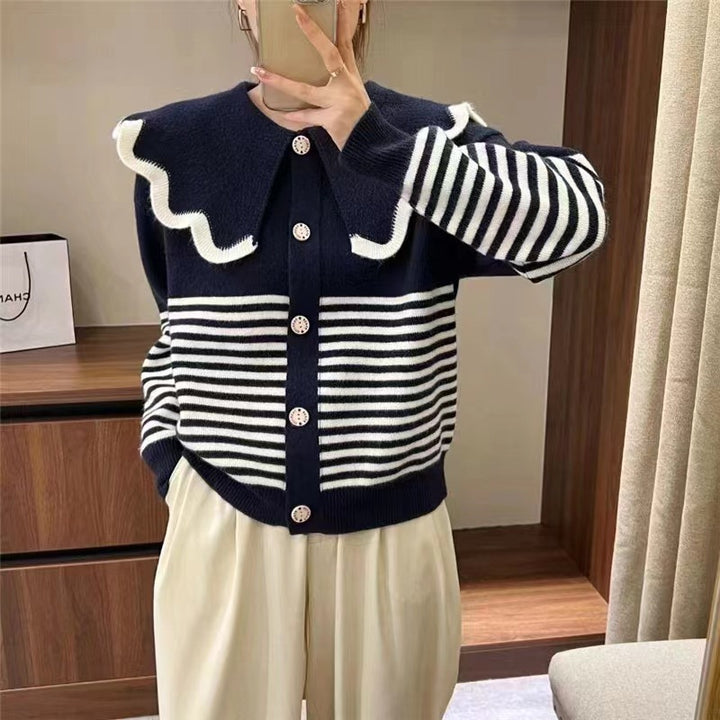 Knitted jacket for women with a large ruffled collar and contrasting stripes Lune London