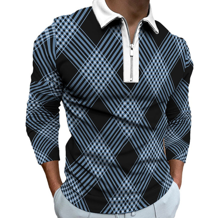 Long sleeve polo shirt for men with a trendy check pattern and an elegant zipper Lune London
