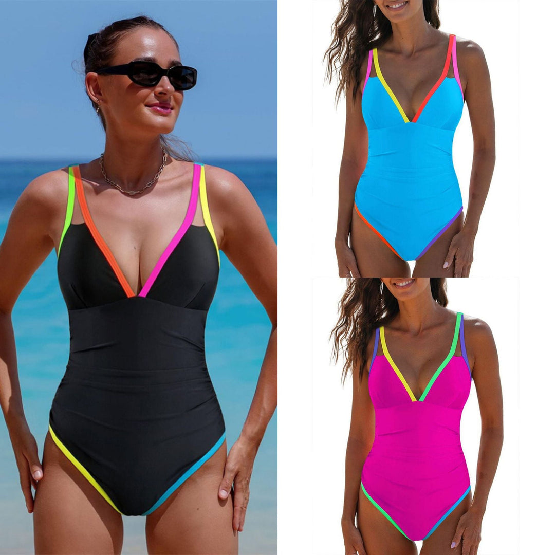 Ladies' One-Piece Swimsuit with Colorful Accents and Fashionable V-Neck Lune London