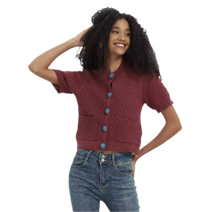 Knit jacket for women with an elaborate textured pattern and decorative buttons Lune London