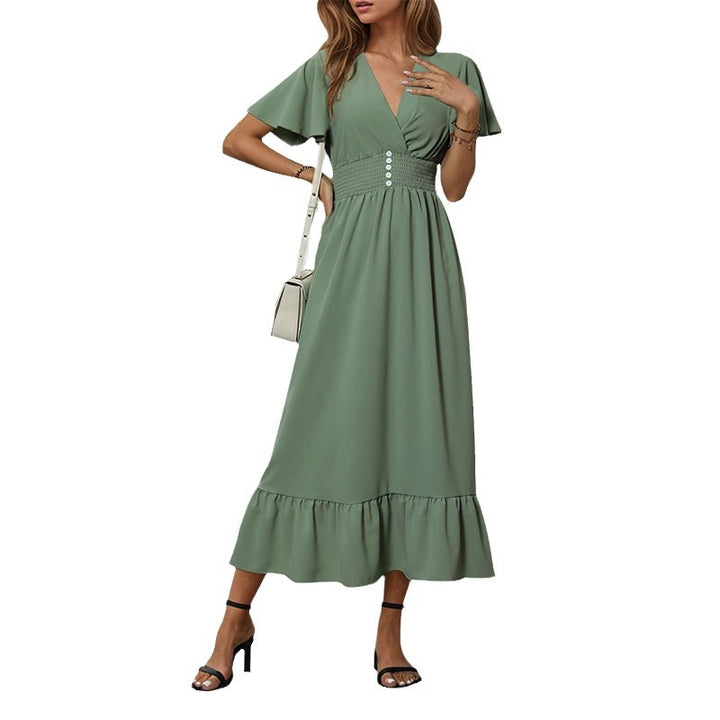 Fluid maxi dress for women with flutter sleeves and a button detail Lune London