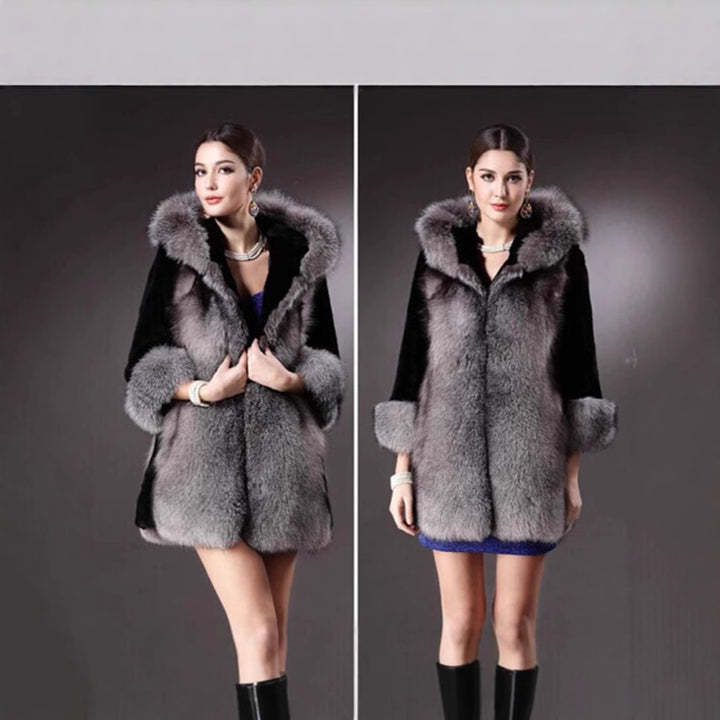 Luxury faux fur jacket for women with hood and decorative details Lune London