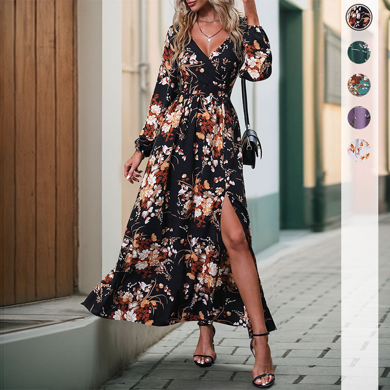 Maxi dress women with floral design and side slit Lune London