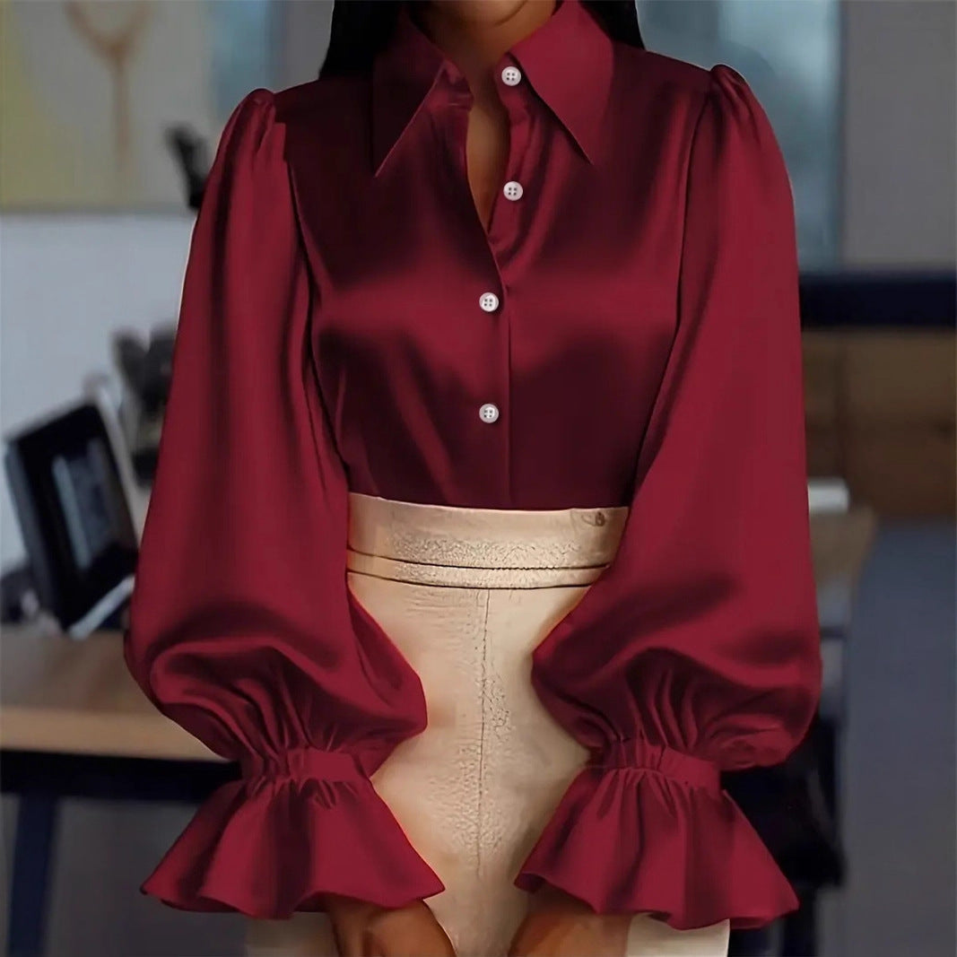 Ladies elegant silk blouse with puff sleeves and chic button placket Lune London
