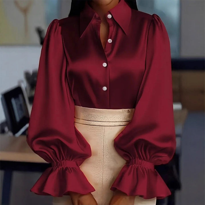Ladies elegant silk blouse with puff sleeves and chic button placket Lune London