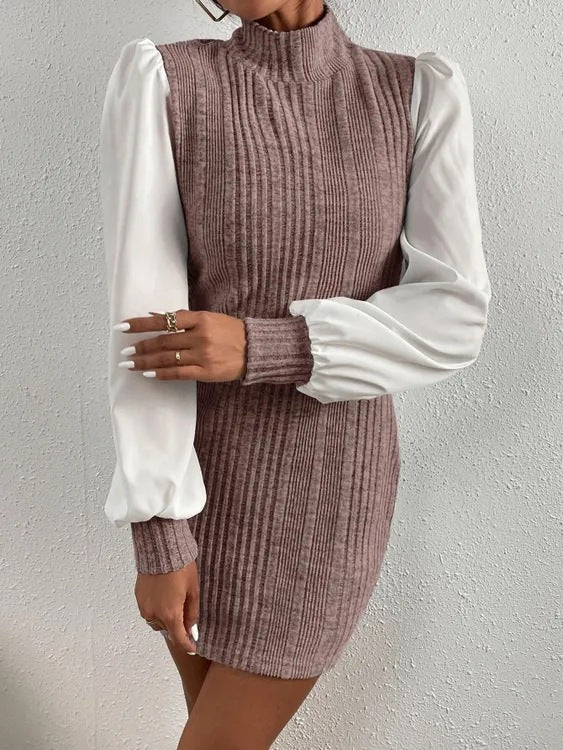 Knit dress for women with elegant puff sleeves and a high collar Lune London