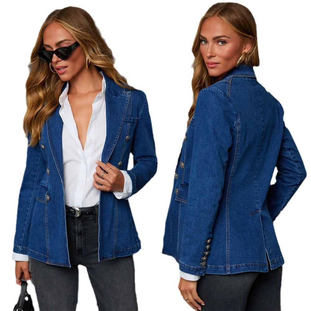 Women's Denim Blazer In Elegant Double-Breasted Style Lune London