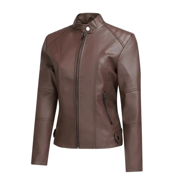 Ladies Elegant Synthetic Leather Motorcycle Jacket with High Collar and Asymmetric Zipper Lune London
